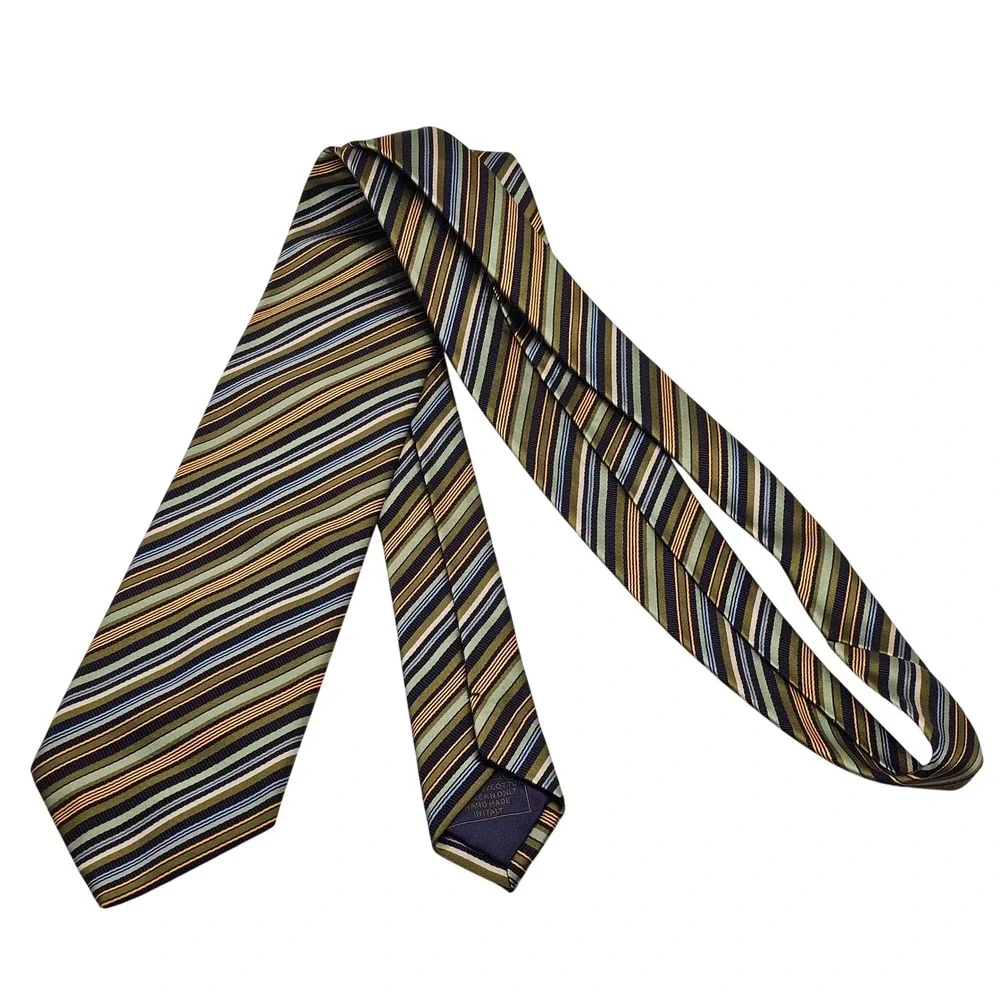 Brioni Silk Cotton‎ Tie Green Navy Striped Handmade Italy Designer Luxury Formal